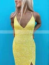 Sheath/Column V-neck Sequined Sweep Train Split Front Prom Dresses #Favs020108289