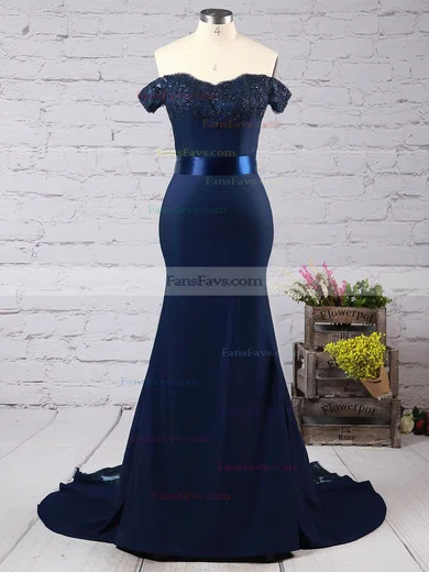 Trumpet/Mermaid Off-the-shoulder Stretch Crepe Sweep Train Beading Prom Dresses #Favs020103589