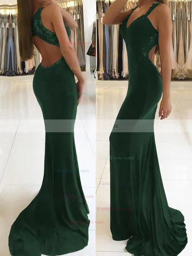 Trumpet/Mermaid V-neck Jersey Sweep Train Appliques Lace Prom Dresses #Favs020105264