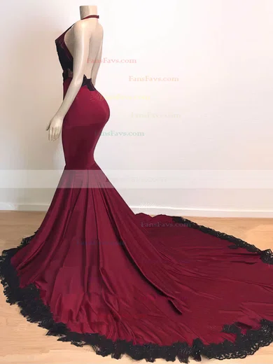 Trumpet/Mermaid Halter Jersey Sweep Train Appliques Lace Prom Dresses #Favs020108296