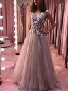 A-line V-neck Tulle Sweep Train Beading Prom Dresses #Favs020108298