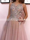 A-line V-neck Tulle Sweep Train Beading Prom Dresses #Favs020108298