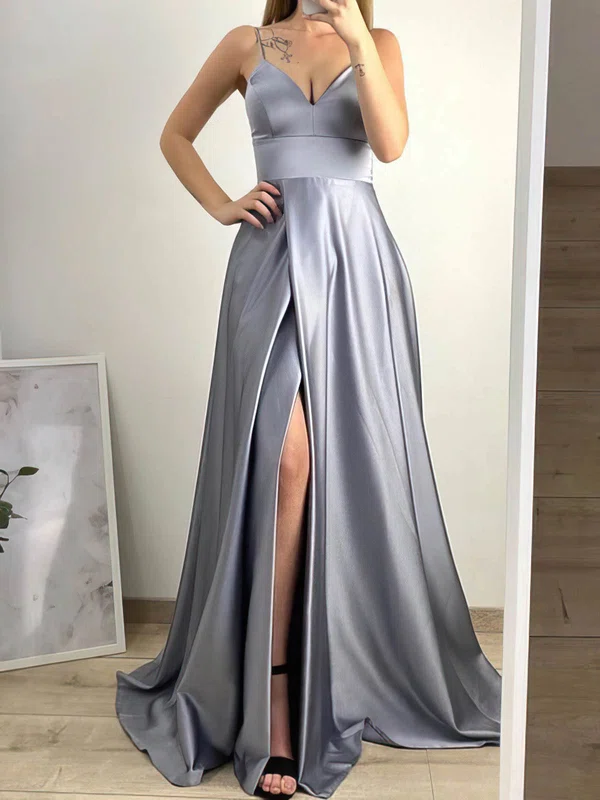 A-line V-neck Silk-like Satin Sweep Train Split Front Prom Dresses #Favs020108299