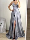 A-line V-neck Silk-like Satin Sweep Train Split Front Prom Dresses #Favs020108299