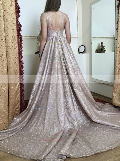 A-line Scoop Neck Glitter Sweep Train Prom Dresses #Favs020108302