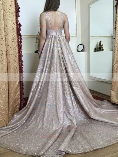 A-line Scoop Neck Glitter Sweep Train Prom Dresses #Favs020108302