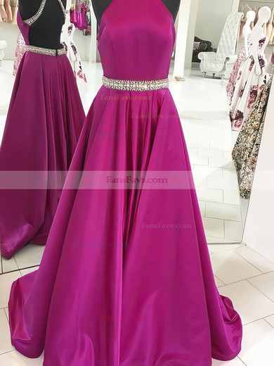 Princess High Neck Satin Sweep Train Beading Prom Dresses #Favs020105265