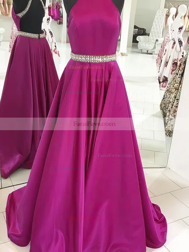 Princess High Neck Satin Sweep Train Beading Prom Dresses #Favs020105265