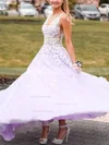 A-line V-neck Lace Tulle Sweep Train Appliques Lace Prom Dresses #Favs020108305
