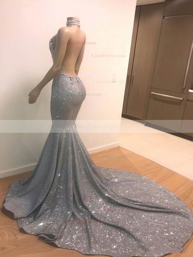 Trumpet/Mermaid Halter Sequined Sweep Train Appliques Lace Prom Dresses #Favs020108314