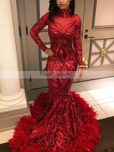 Trumpet/Mermaid High Neck Sequined Sweep Train Feathers / Fur Prom Dresses #Favs020108328