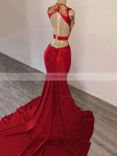 Trumpet/Mermaid V-neck Stretch Crepe Court Train Appliques Lace Prom Dresses #Favs020108336