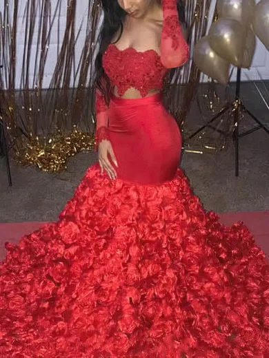 Trumpet/Mermaid Strapless Jersey Sweep Train Appliques Lace Prom Dresses #Favs020108216