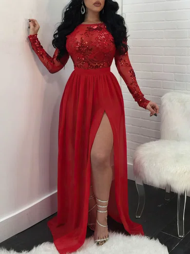 A-line Scoop Neck Chiffon Sweep Train Split Front Prom Dresses #Favs020108223