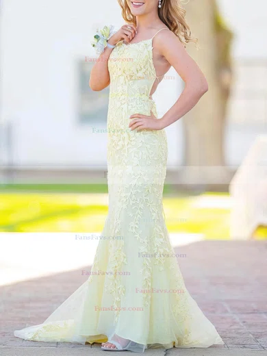 Trumpet/Mermaid Square Neckline Lace Tulle Sweep Train Appliques Lace Prom Dresses #Favs020108233