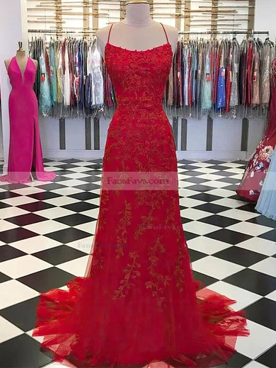 Trumpet/Mermaid Square Neckline Lace Tulle Sweep Train Appliques Lace Prom Dresses #Favs020108233