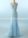 Trumpet/Mermaid Square Neckline Lace Tulle Sweep Train Appliques Lace Prom Dresses #Favs020108233