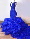 Trumpet/Mermaid V-neck Organza Sweep Train Beading Prom Dresses #Favs020108239