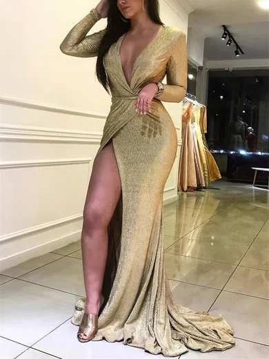 Sheath/Column V-neck Glitter Sweep Train Split Front Prom Dresses #Favs020108244