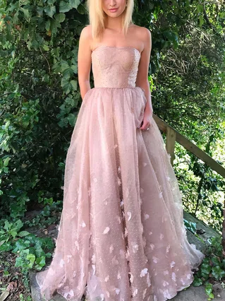 A-line Strapless Tulle Sweep Train Flower(s) Prom Dresses #Favs020105270 A-line Strapless Tulle Sweep Train Flower(s) Prom Dresses #Favs020105270