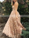 A-line Strapless Tulle Sweep Train Flower(s) Prom Dresses #Favs020105270