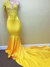 Trumpet/Mermaid One Shoulder Jersey Sweep Train Appliques Lace Prom Dresses #Favs020108245