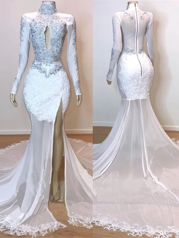 Trumpet/Mermaid High Neck Chiffon Sweep Train Appliques Lace Prom Dresses #Favs020108249