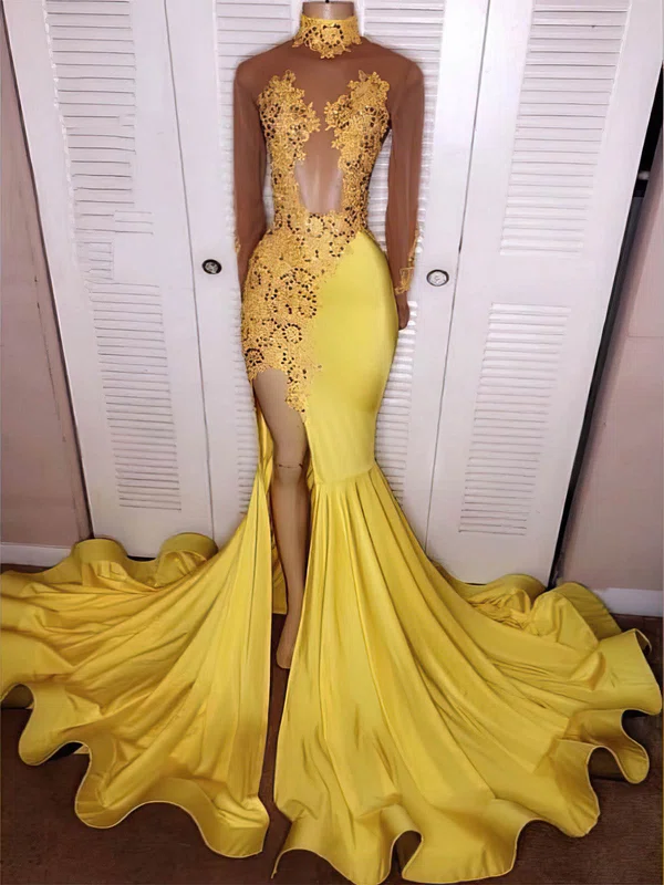 Trumpet/Mermaid High Neck Jersey Sweep Train Beading Prom Dresses #Favs020108263