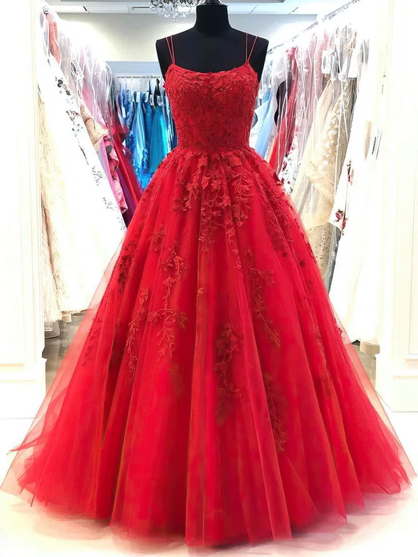 A-line Square Neckline Lace Tulle Sweep Train Appliques Lace Prom Dresses #Favs020108270