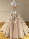 A-line Scoop Neck Lace Tulle Sweep Train Sashes / Ribbons Prom Dresses #Favs020108276