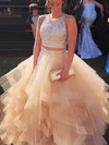 Ball Gown Scoop Neck Tulle Sequined Sweep Train Cascading Ruffles Prom Dresses #Favs020108294