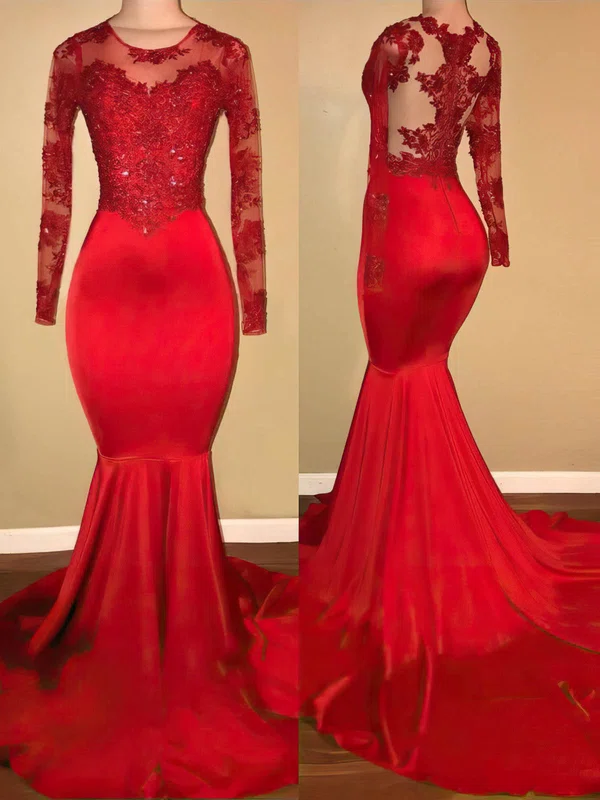 Trumpet/Mermaid Scoop Neck Stretch Crepe Sweep Train Beading Prom Dresses #Favs020108306