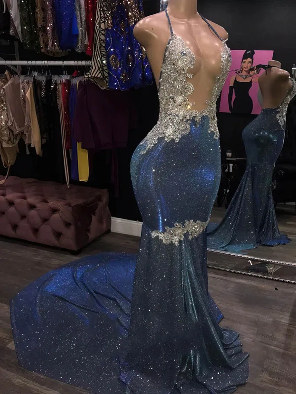 Trumpet/Mermaid Halter Glitter Sweep Train Beading Prom Dresses #Favs020108308