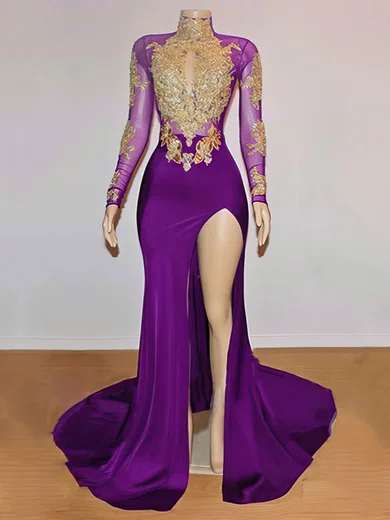 Sheath/Column High Neck Jersey Sweep Train Beading Prom Dresses #Favs020108321