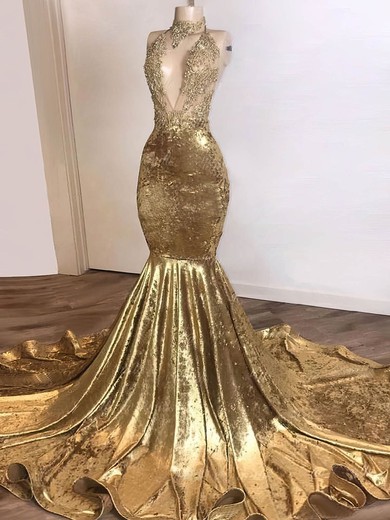 Trumpet/Mermaid High Neck Sequined Sweep Train Beading Prom Dresses #Favs020108322