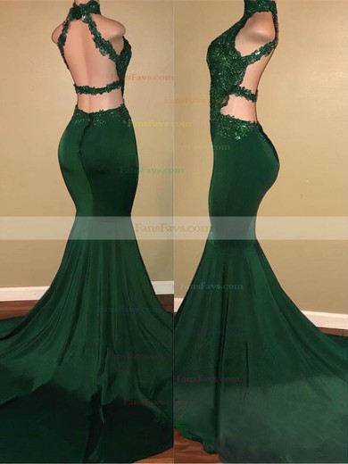 Trumpet/Mermaid High Neck Stretch Crepe Sweep Train Appliques Lace Prom Dresses #Favs020108324