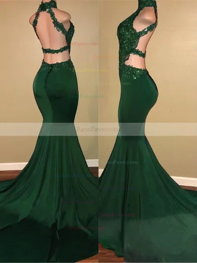 Trumpet/Mermaid High Neck Stretch Crepe Sweep Train Appliques Lace Prom Dresses #Favs020108324