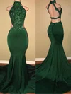 Trumpet/Mermaid High Neck Stretch Crepe Sweep Train Appliques Lace Prom Dresses #Favs020108324