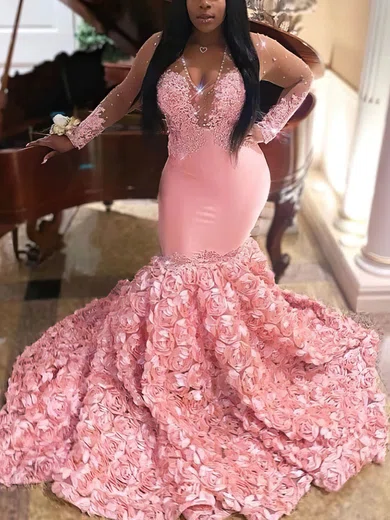 Trumpet/Mermaid V-neck Tulle Stretch Crepe Sweep Train Beading Prom Dresses #Favs020108329