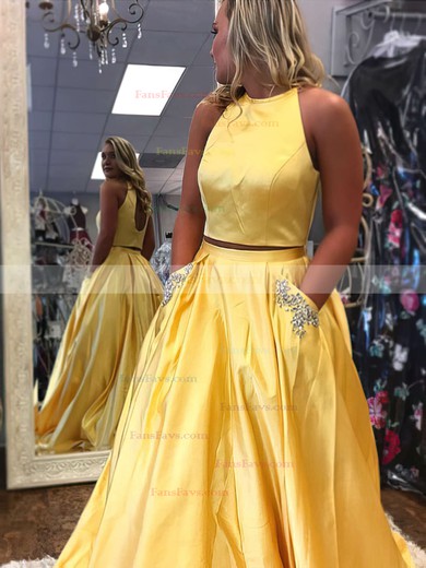 Princess Scoop Neck Satin Floor-length Beading Prom Dresses #Favs020105278