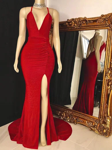 Trumpet/Mermaid V-neck Velvet Sweep Train Split Front Prom Dresses #Favs020108339