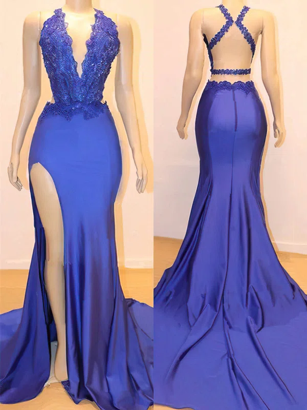 Trumpet/Mermaid V-neck Stretch Crepe Court Train Beading Prom Dresses #Favs020108345