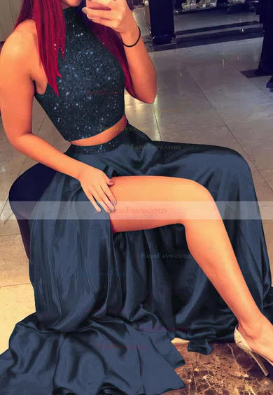 A-line High Neck Silk-like Satin Sweep Train Beading Prom Dresses #Favs020103602