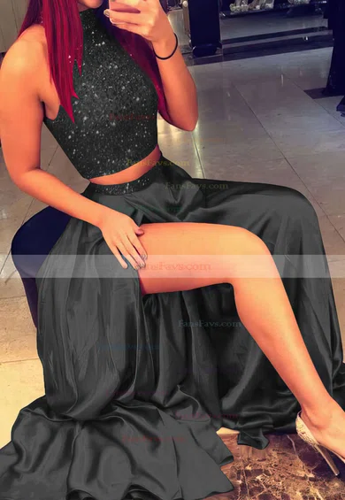 A-line High Neck Silk-like Satin Sweep Train Beading Prom Dresses #Favs020103602