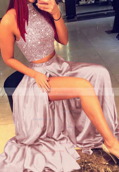 A-line High Neck Silk-like Satin Sweep Train Beading Prom Dresses #Favs020103602