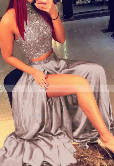 A-line High Neck Silk-like Satin Sweep Train Beading Prom Dresses #Favs020103602