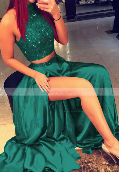 A-line High Neck Silk-like Satin Sweep Train Beading Prom Dresses #Favs020103602