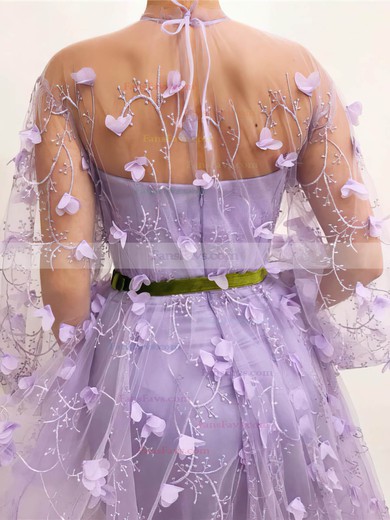 A-line High Neck Tulle Sweep Train Flower(s) Prom Dresses #Favs020108483