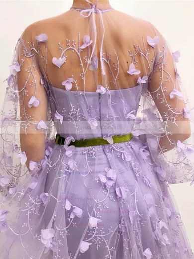 A-line High Neck Tulle Sweep Train Flower(s) Prom Dresses #Favs020108483