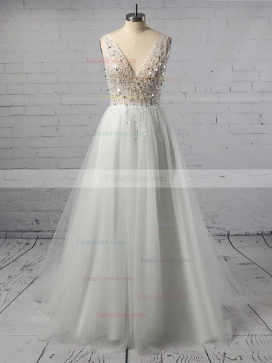A-line V-neck Tulle Sweep Train Beading Prom Dresses #Favs020108484
